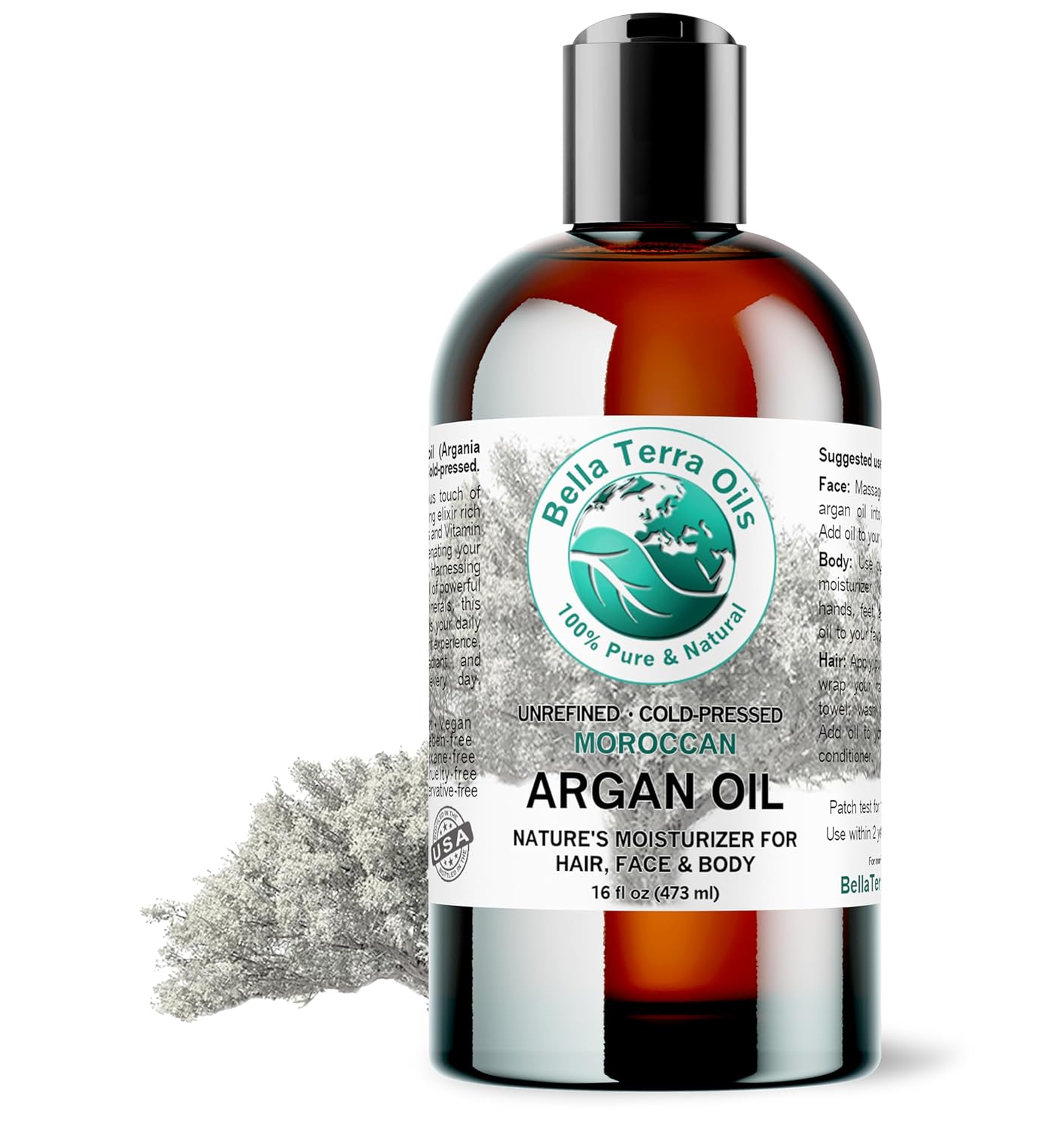 Bella Terra Oils - Argan Oil 16 oz - Cold-Pressed & Authentic, Hailing from Morocco's Argan Forests, Ideal Body & Face Oil, Keeps Frizz at Bay