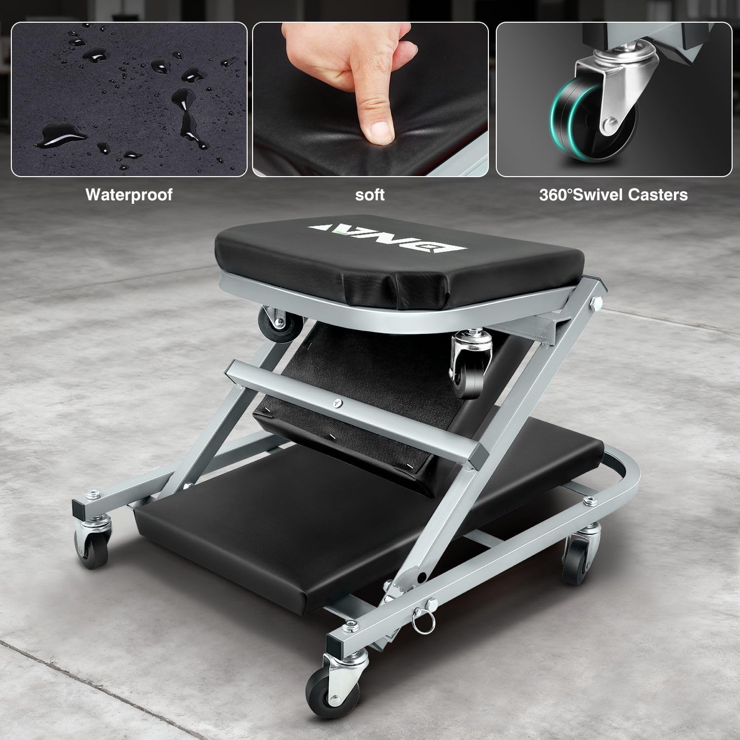 ‎DNA MOTORING TOOLS-00187 40 Inches 2 IN 1 Rolling Folding Car Creeper/Seat, 6 Pcs 2" Casters, 150kg Weight Capacity, Gray image 5