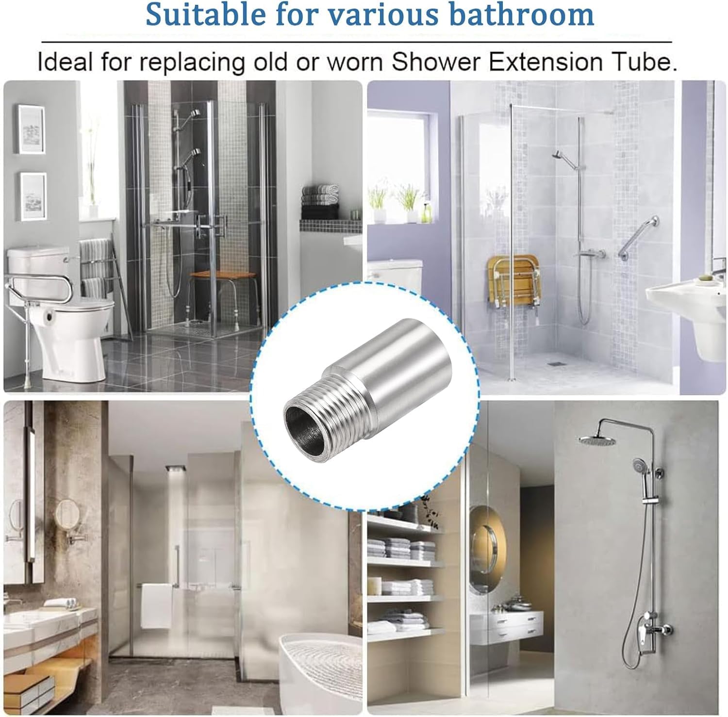 TOP-VIGOR 3Pcs 40mm Shower Head Extension Arm, Shower Arm Extender G1/2 Stainless Steel Handheld Shower Pipe Head Extension Round Pipe for Bathroom Accessory