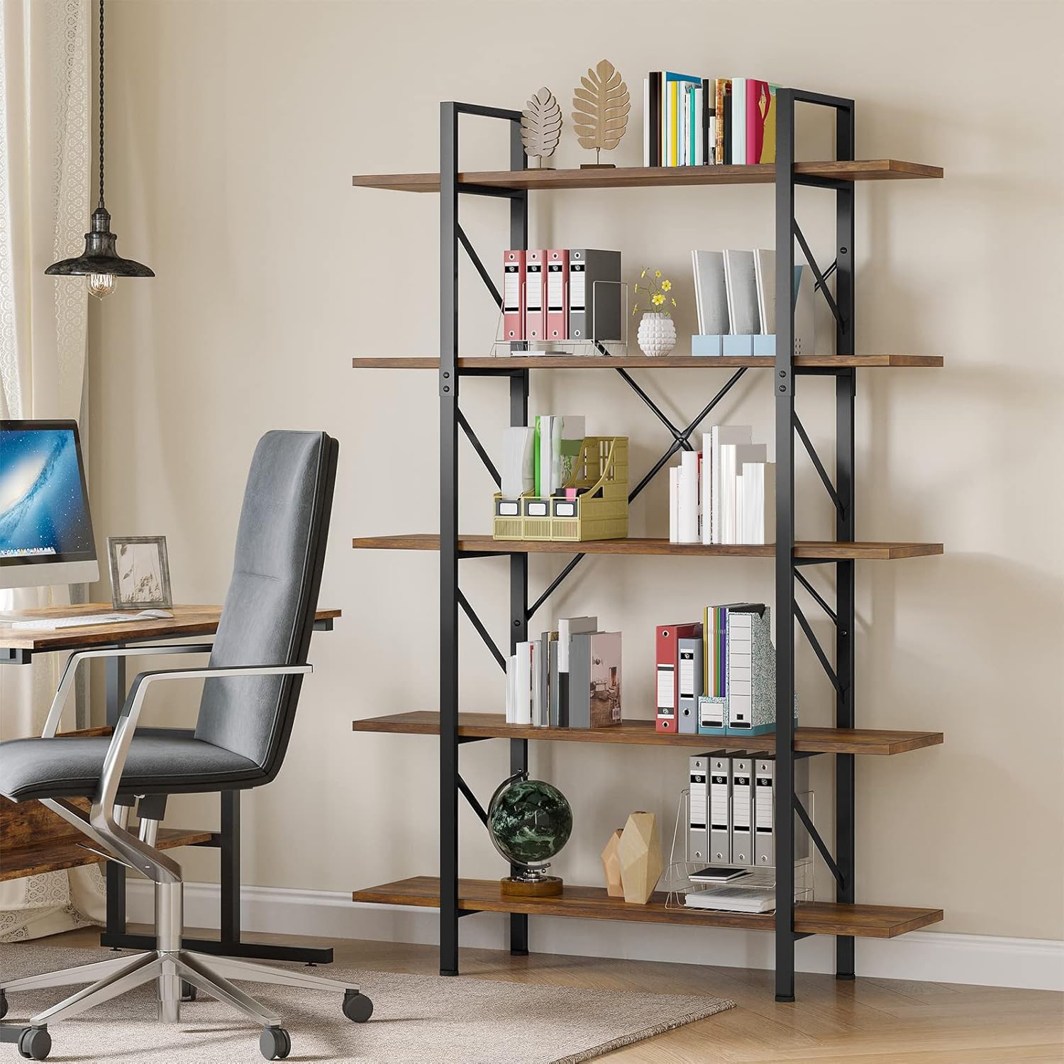 YITAHOME Libreria a 5 Livelli, Libreria Artistica Moderna, Scaffale per Libri, Scaffali in Soggiorno/Casa/Ufficio, Organizzatore Porta Libri per Libri/Film - Marrone Rustico