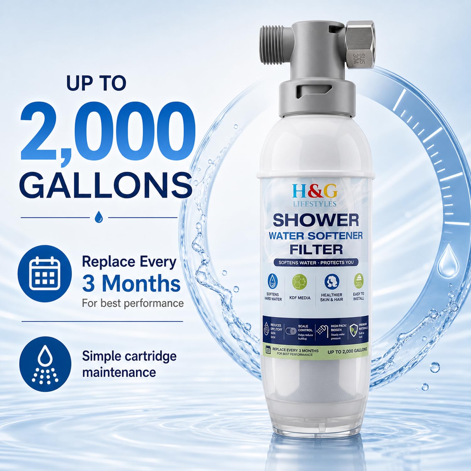 H&G Lifestyles Suavizante de agua de ducha para agua dura, hasta 2000
