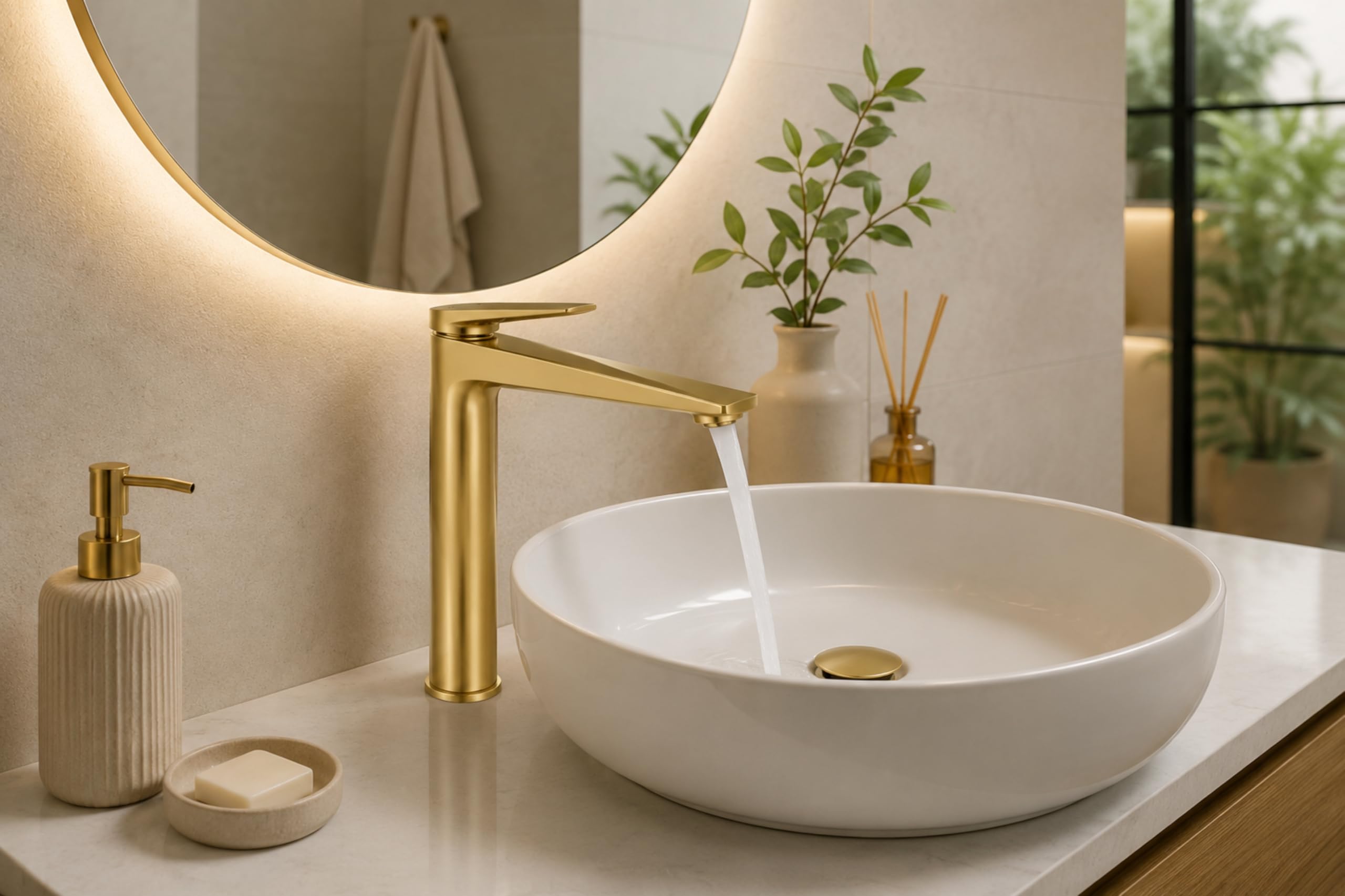 Edouard Rousseau - Grifo de Lavabo Alto GLOSS - Aireador Invisible - Oro Cepillado