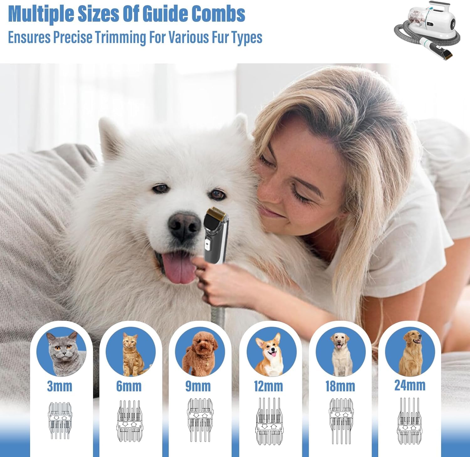 Kit de toilettage pour chien avec aspirateur, 15 kPa 1,5 L, tondeuse pour chat, aspiration 99 % des poils d'animaux, kit de toilettage professionnel pour animaux de compagnie avec 7 outils éprouvés