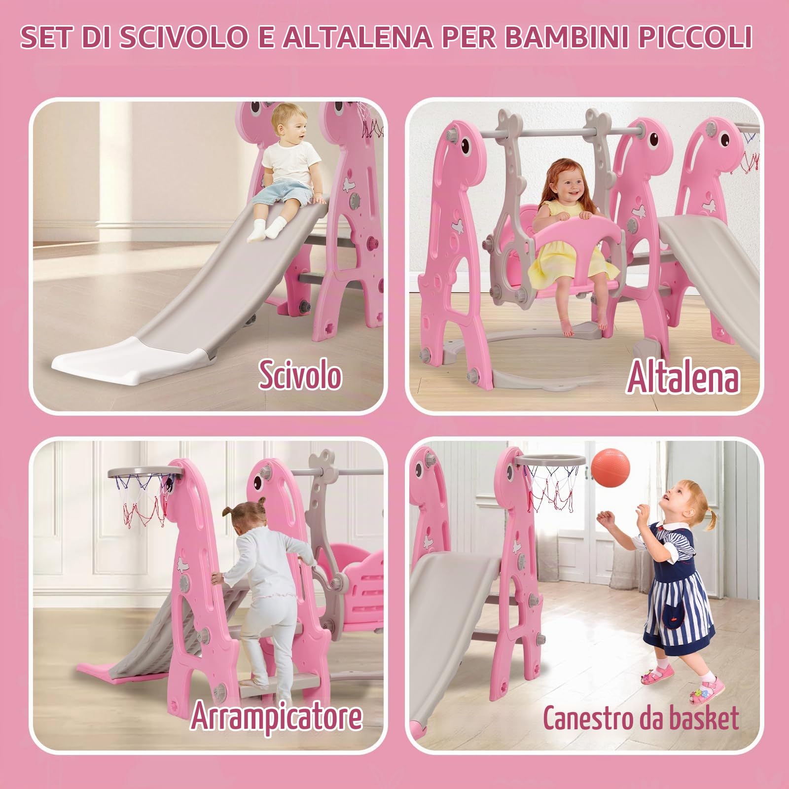 Set di scivolo e altalena per bambini con pallacanestro | Scivolo da interni per bambini, set da gioco autoportante e altalena regolabile in altezza (rosa)