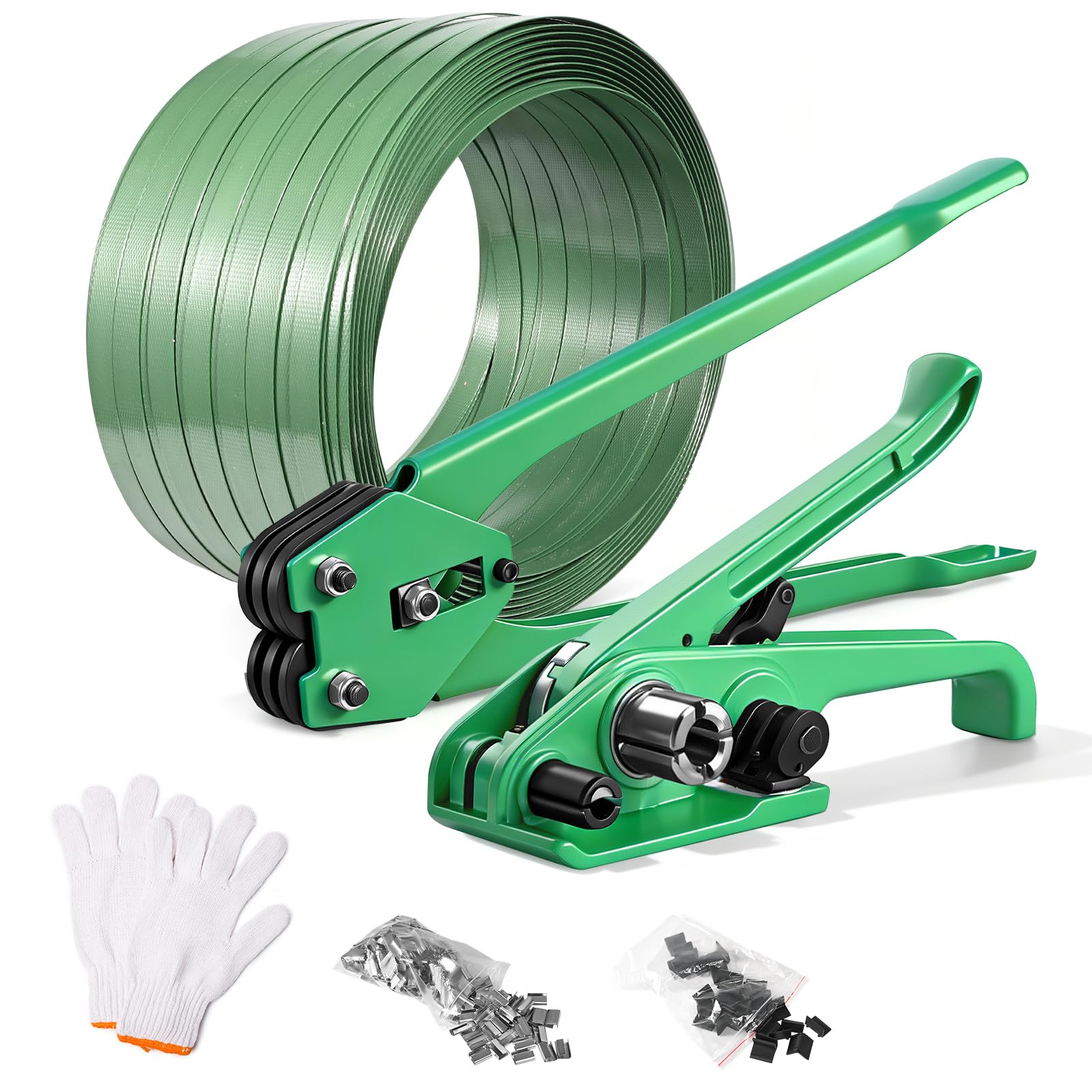 Outils de Cercleuse Manuels, [12-19 mm] Cerclage Manuel Kit avec 300 m de Feuillard PET d'une Résistance à la Traction de 680 kg, avec un Tendeur, une Pince de Serrage, le Feuillard, 30 Boucles Métall