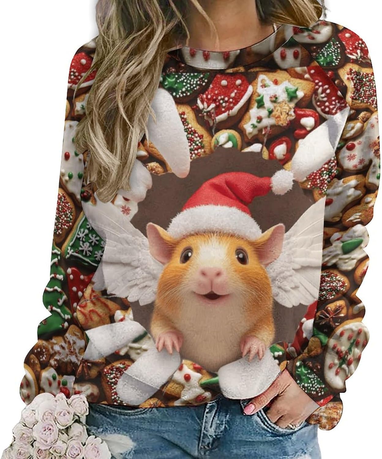 MARSVOVO Ugly Christmas Sweatshirt Women Funny 3D Cat Dog Animal Graphic Merry Christmas Cute Pullover Tops For Women