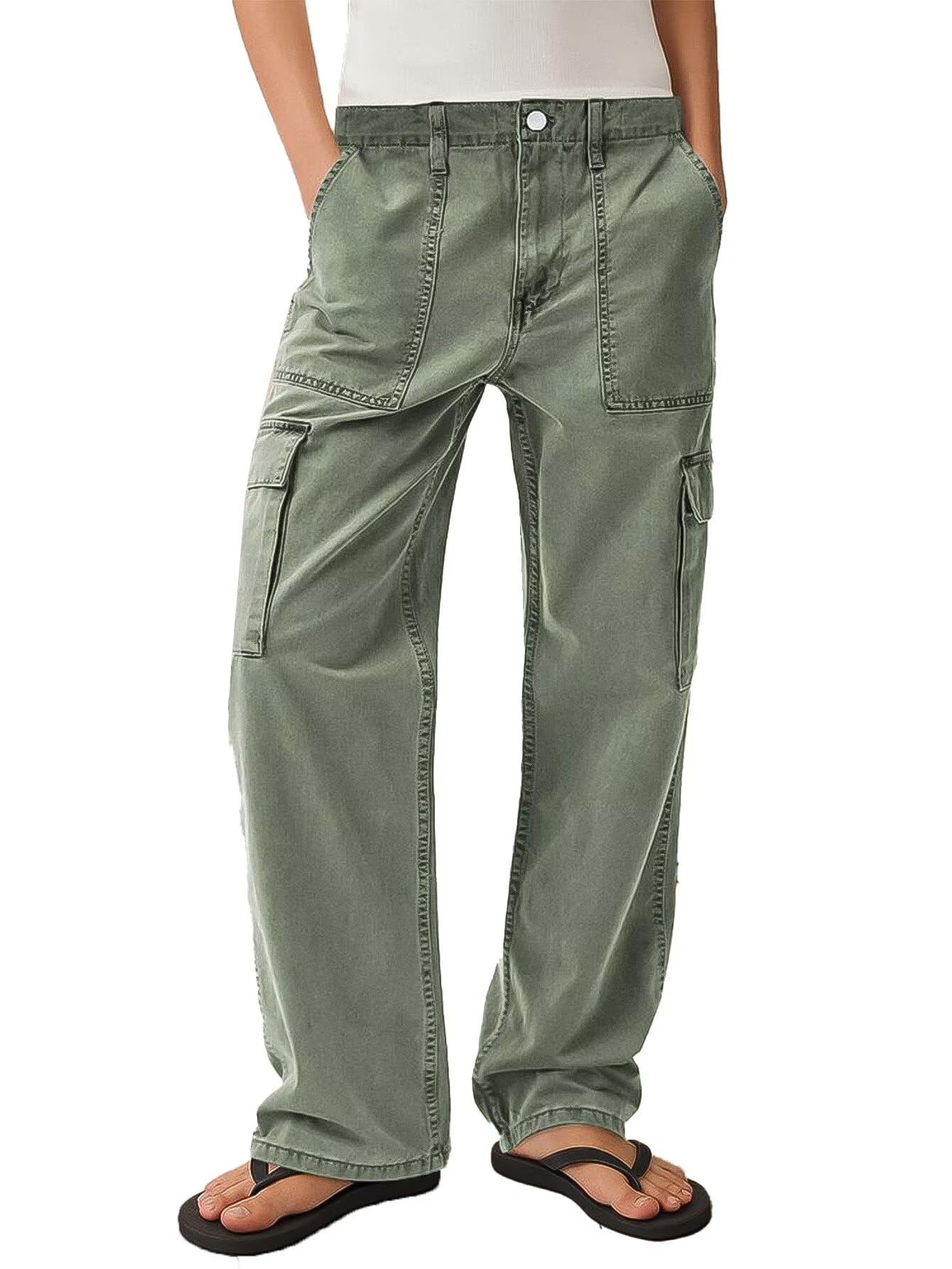 Flamingals Straight Leg Mid Waist Solid Flap Pocket Comfort Stretch Women Casual Pants for Everyday Wear