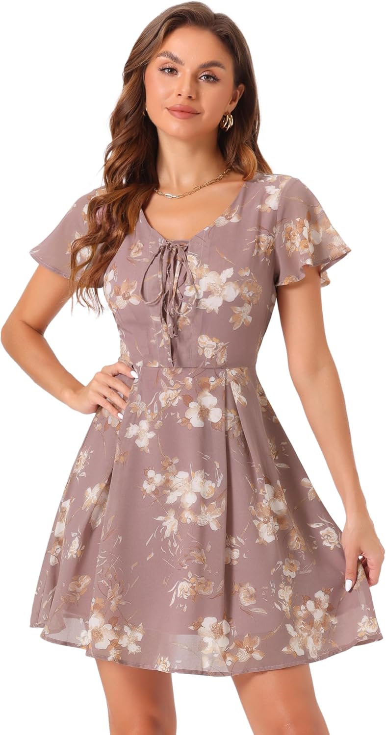 Allegra K Women's Floral Printed Spring Summer Flare Short Sleeve Lace-up V Neck Chiffon Dress