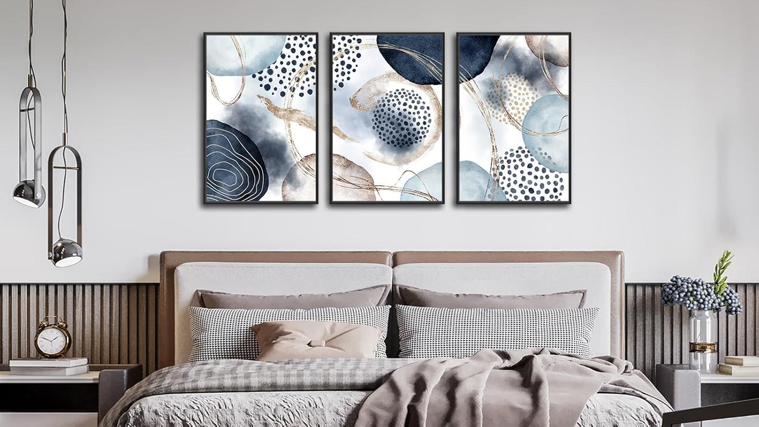 Large Framed Canvas Wall Art 16"x24" Set of 3, Shapley Blue Abstract Painting Watercolor Prints Geometric Block and Line Minimalist Artwork for Living Room Bedroom Office Kitchen Home Decor