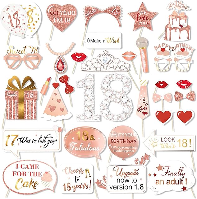Greyoe 18th Birthday Photo Booth Props, 35 Pcs Rose Gold 18th Birthday Photo Booth Props Sweet Birthday Photo Booth Kit for Girls 18th Birthday Party Decoration