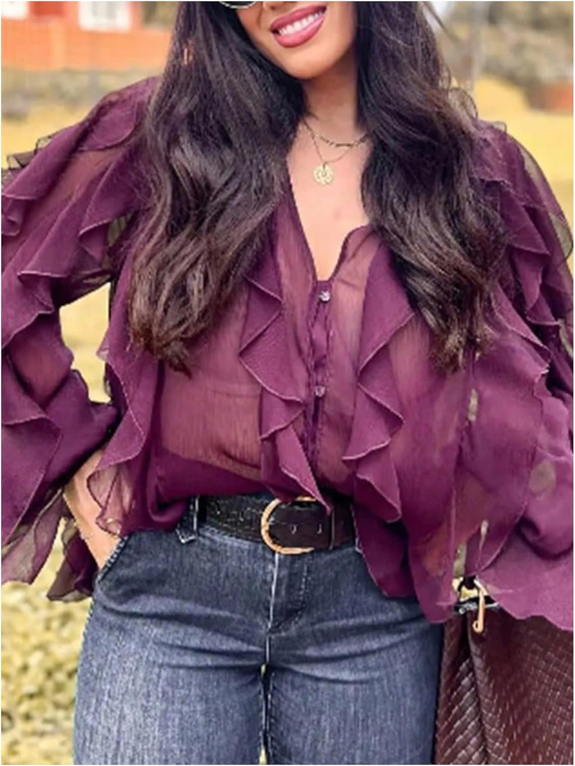 GORGLITTER Women's Dressy Mesh Ruffle Blouses Casual Office Chiffon Long Sleeve Button Up Shirts Dressy Fashion Trendy - Image 4