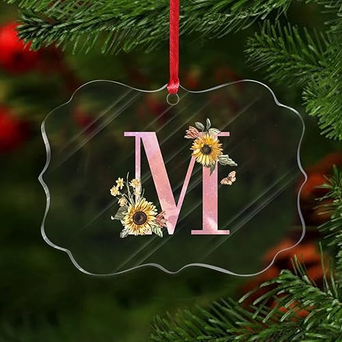 Miniatura 5 de Adorno de monograma rosa con letra M con inicial, recuerdo, lindo gráfico, girasol, girasol, redondo, adorno de árbol de Navidad, recuerdo de