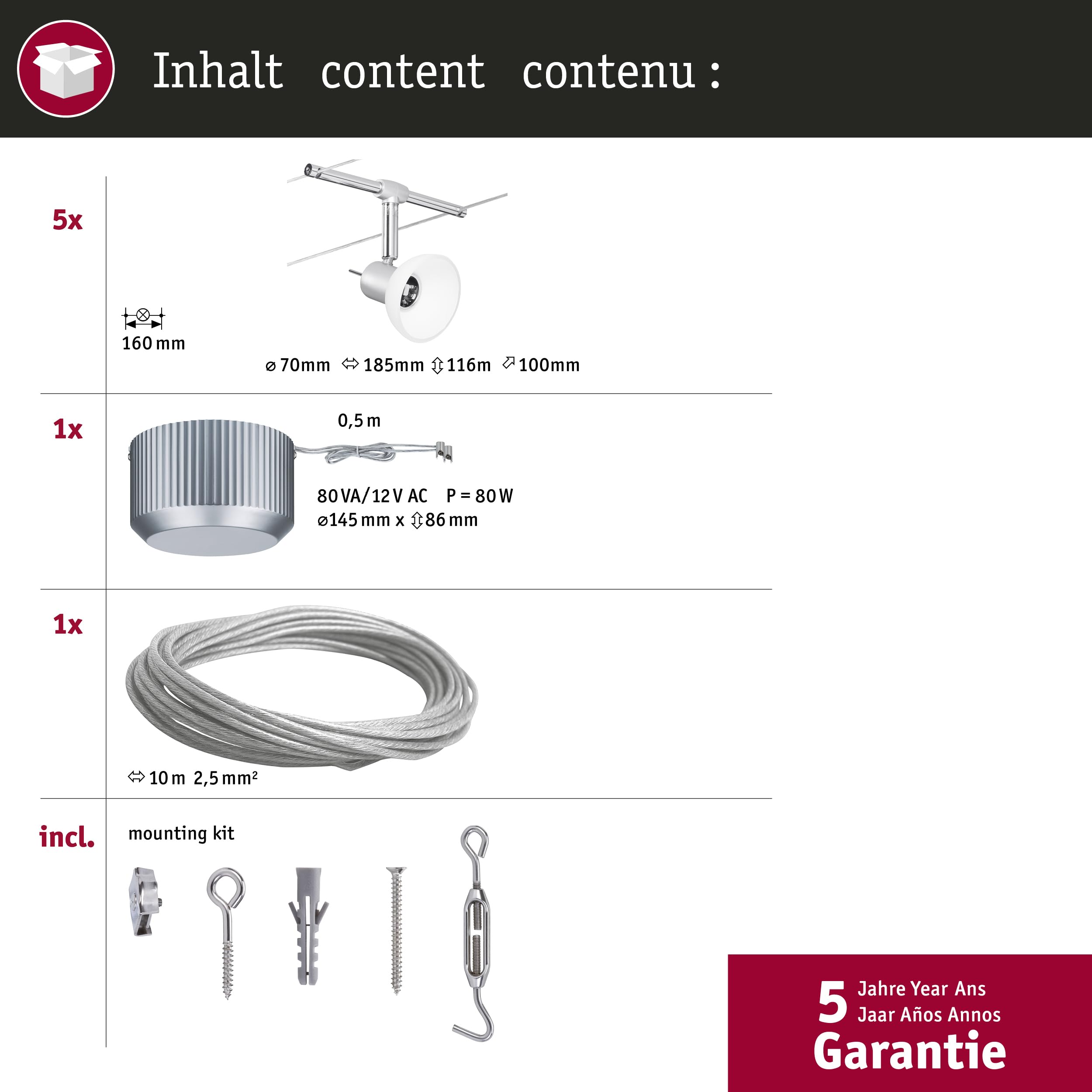 Paulmann 94136 Système de Câbles Sheela Set Extensible 5x10W max, Chrome Mat/Opal Système sans Ampoules