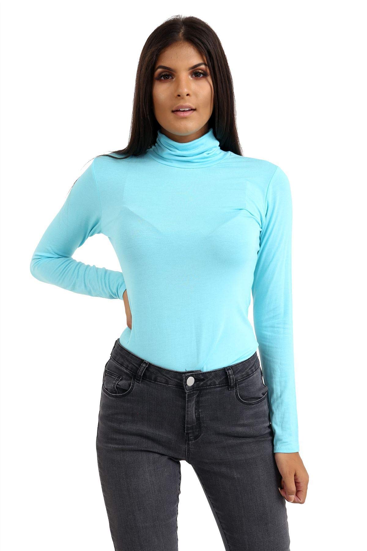 Janisramone Women's Mint Long Sleeve Turtle Polo Neck T-Shirt Slim Fit Jersey Casual Basic Plain Tee Vest Top