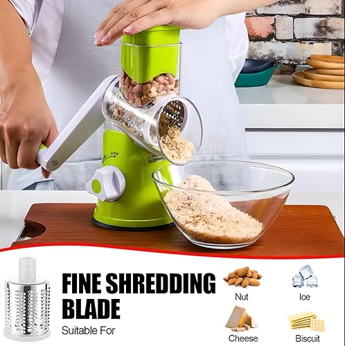 Miniatura 3 de Swinny Kitchen - Triturador rotativo de queso con mango, rebanador de verduras con 3 cuchillas intercambiables, base fuerte de Sunction, rallador