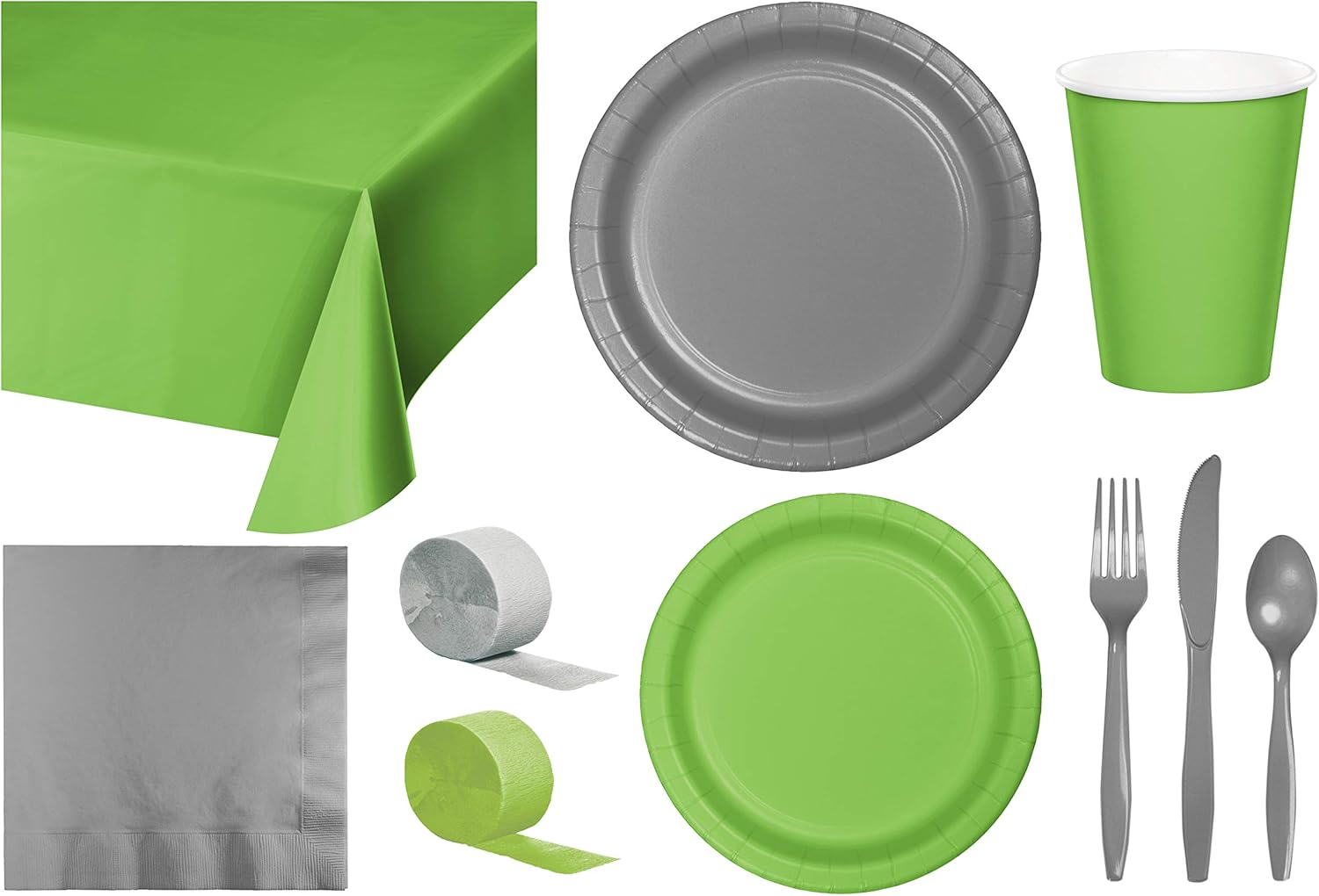 Baxters Party Bundle Bulk, Tableware for 24 People Lime Green and Silver, 2 Size Plates Napkins, Paper Cups Tablecovers and Cutlery, Box of 199