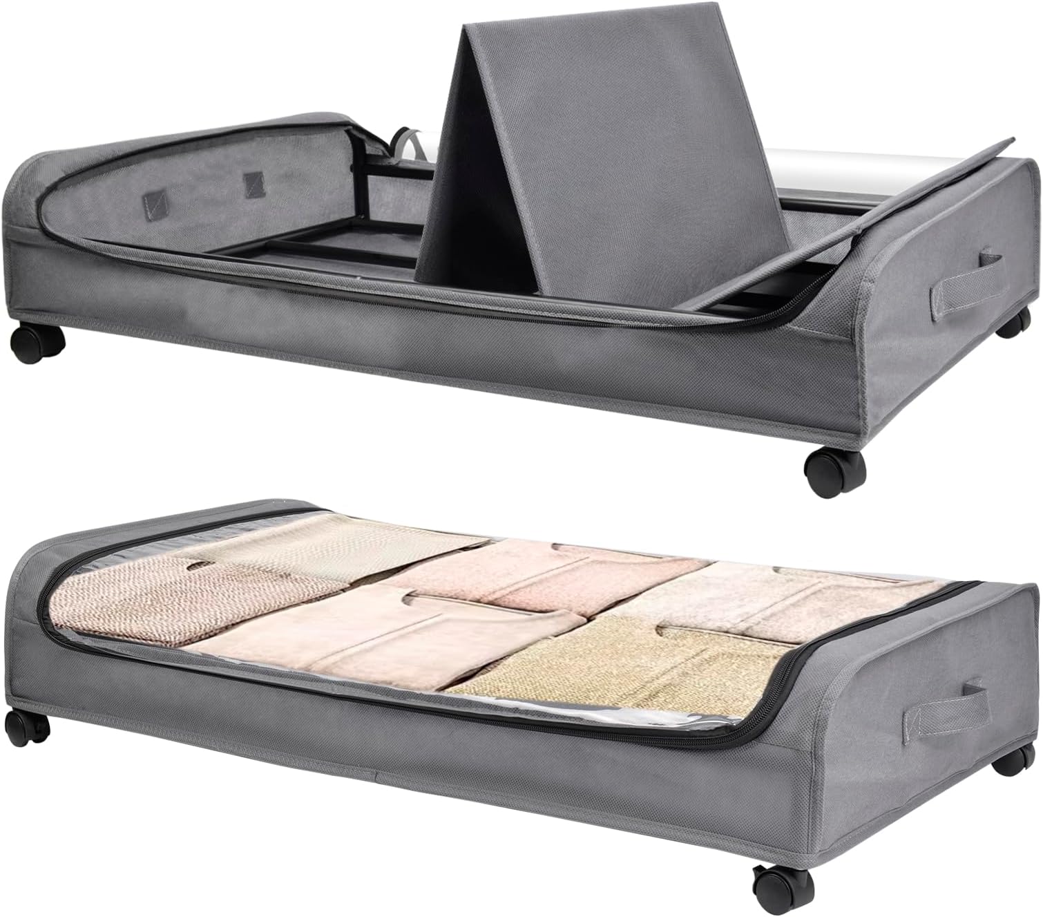 Under Bed Storage Containers with Wheels and Lid, Large Capacity Underbed Storage Drawers with Handle, Bedroom Under Bed Rolling Storage Organizer Bin for for Clothes Shoes Blankets Toys（Grey, 2Pack）