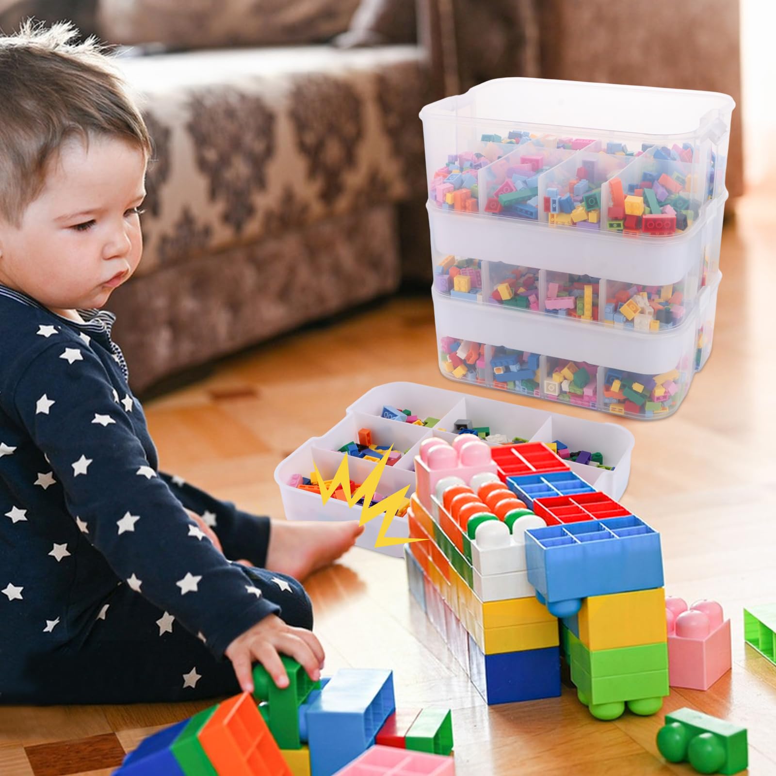 Boite Rangement, Boite de Rangement, Boite de Rangement Empilable Vert, 3 Niveaux Boite Rangement Plastique, Boite Rangement Plastique avec Couvercle pour Blocs de Construction