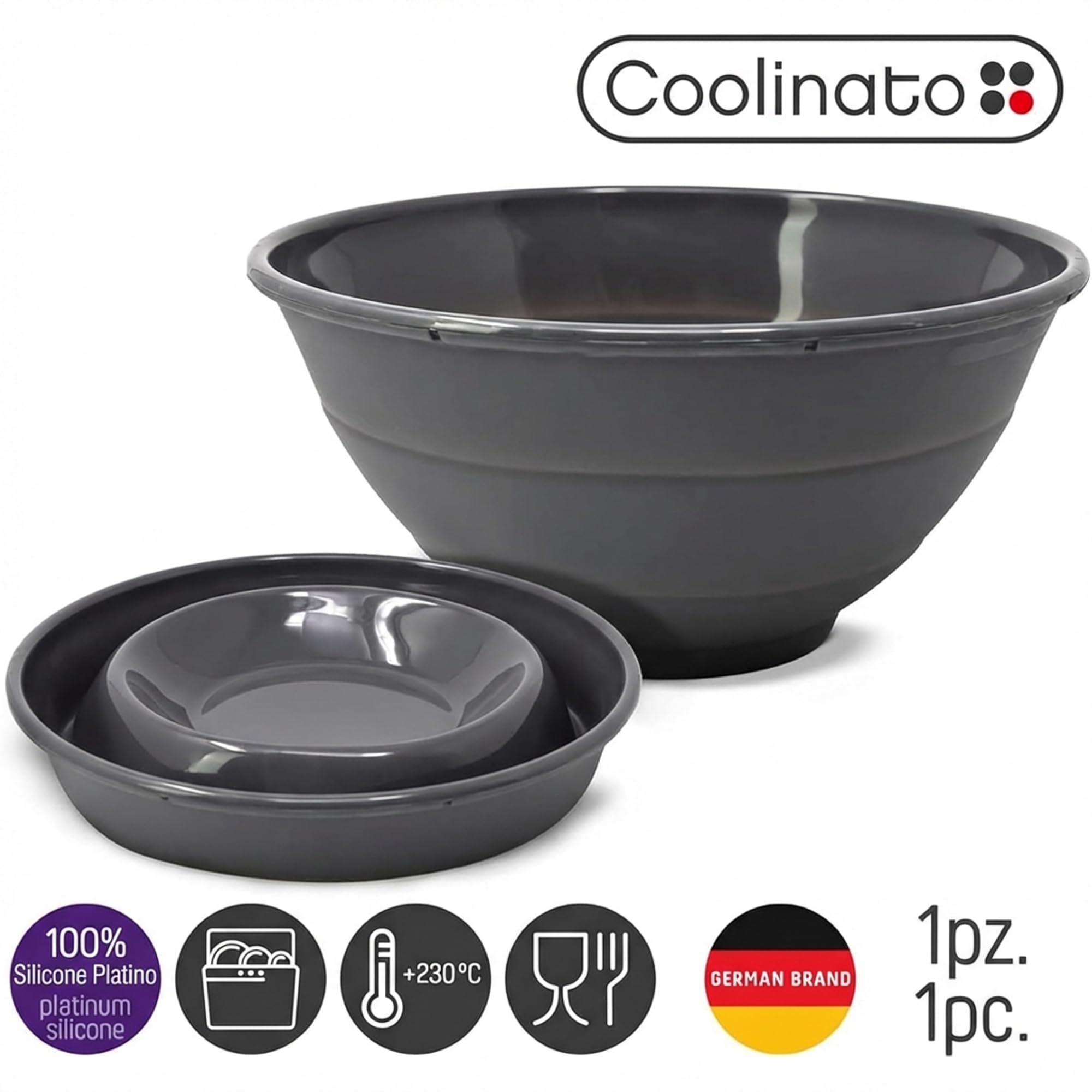 Coolinato - Ciotola pieghevole silicone platinico 24 cm grigio - Scodella richiudibile da campeggio per conservare, servire e mantenere fresco cibo - Resistente al calore e lavabile in lavastoviglie