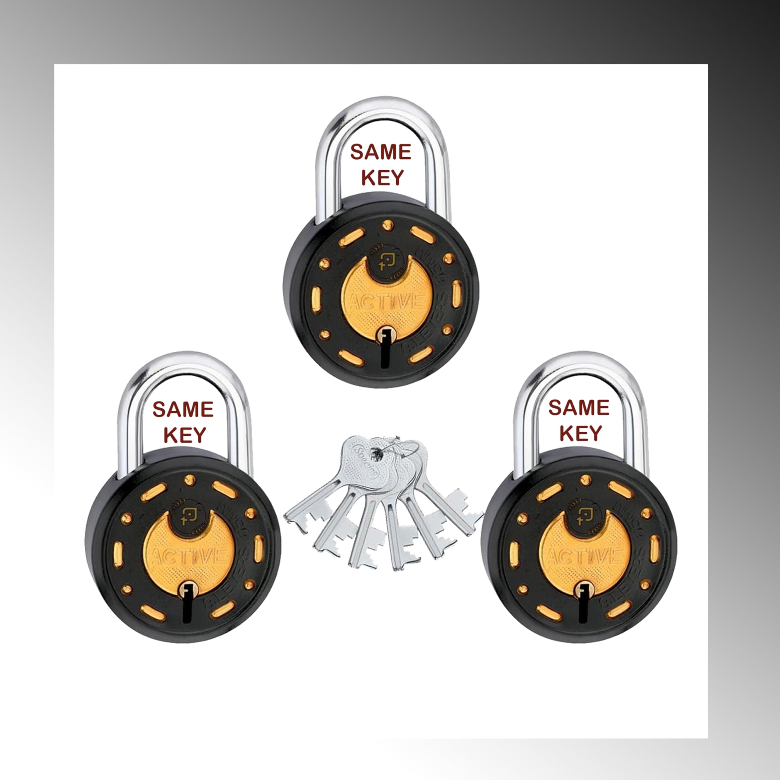 Azco Round Locks Small Size 50mm 9 Same Key with 3 Padlocks | 7 Levers Double Locking | Black Golden Finish | Lock and Keys for Home Door Gate Shop Shutter (Pack of 3) — Amazon image 6