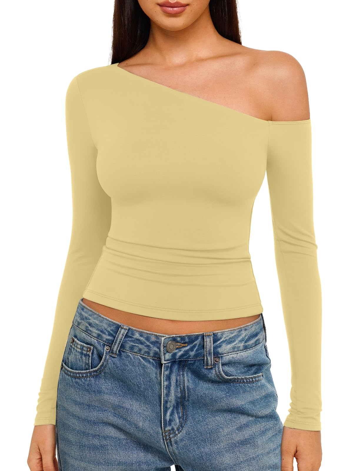 REORIA Damen figurbetonte Langarmshirts Off-Shoulder Oberteile | Eng anliegendes, sexy Y2K Ausgeh-Oberteil aus weichem, doppellagigem Material für den Winter, Einfarbig