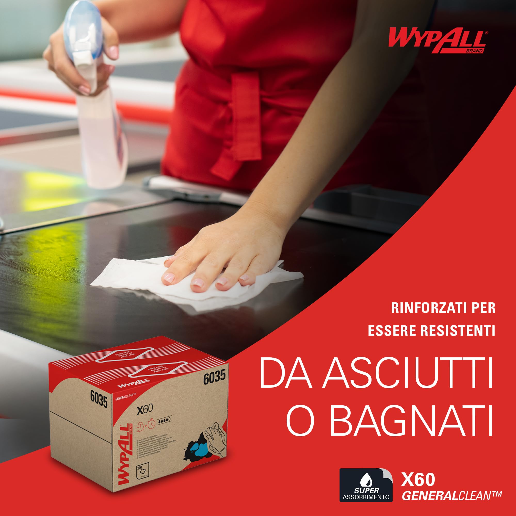 WypAll X60 Panni Industriali Multiuso 6035, Salviette Resistenti e Riutilizzabili, Alta Assorbenza, Tecnologia Hydroknit, 1 Box BRAG da 200 Panni Bianchi