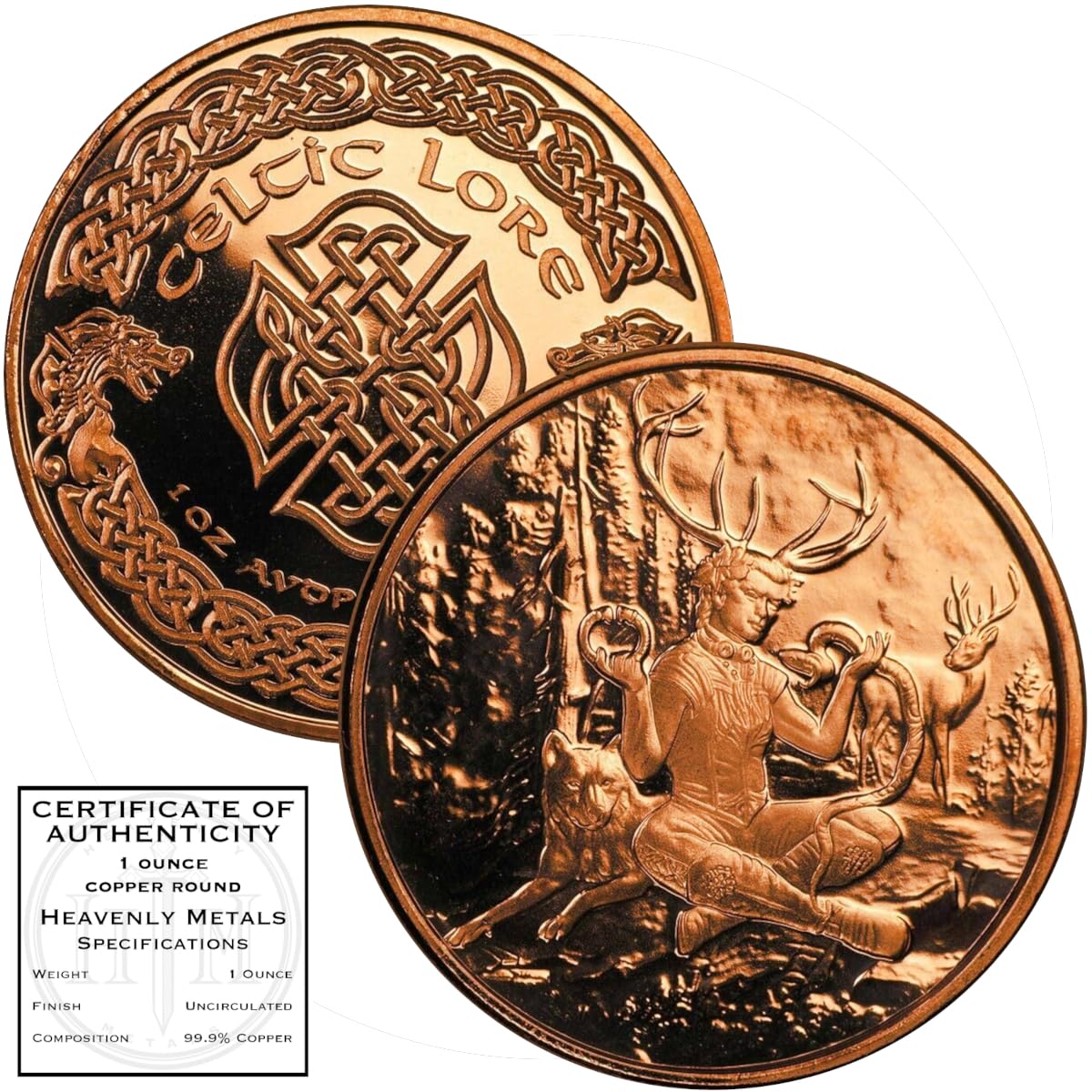 Heavenly Metals Cernunnos Celtic 1 oz Pure .999 Copper Round Bullion Coin in Capsule with COA