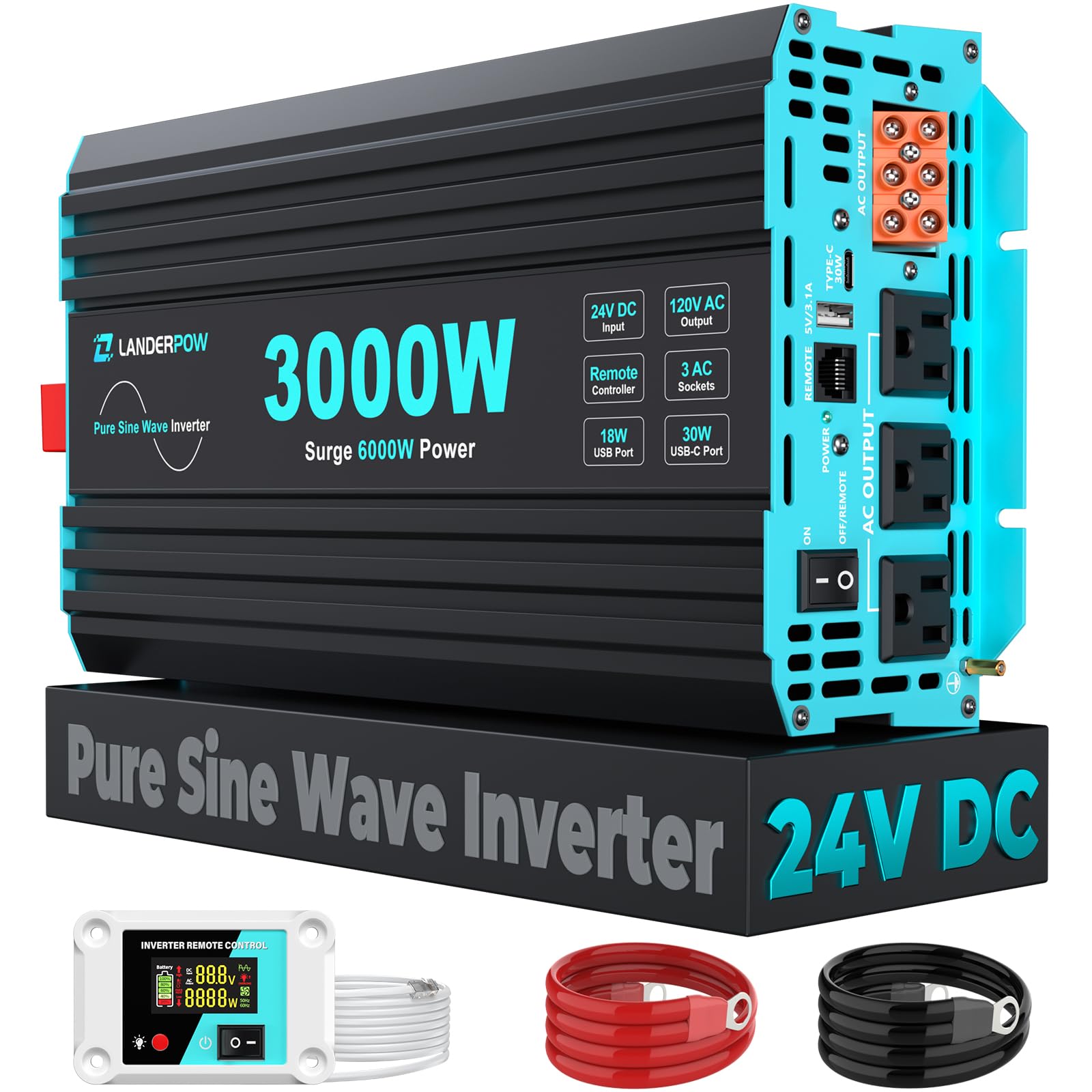 Photo 1 of LANDERPOW 3000 Watt Pure Sine Wave Inverter 24V DC to 120V AC for RV, Truck, Solar, Home, Off-Grid, Power Inverter with 3 AC Outlet, 30W USB-C, 5V 3.1A USB, Hardwire Port, Remote Control, Surge 6000W