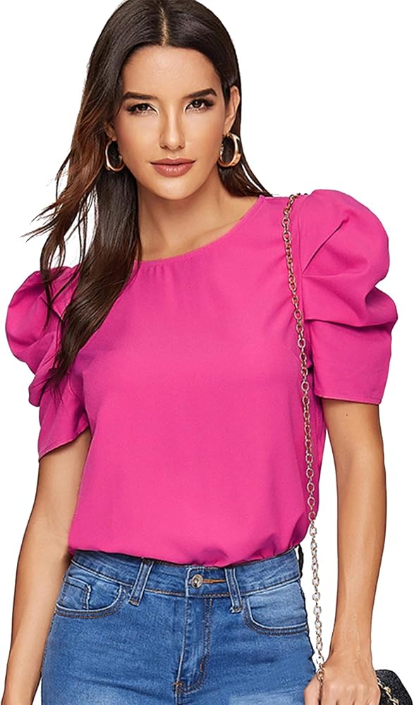 Floerns Women's Round Neck Short Puff Sleeve Keyhole Back Blouse Floerns Women's Round Neck Short Puff Sleeve Keyhole Back Blouse