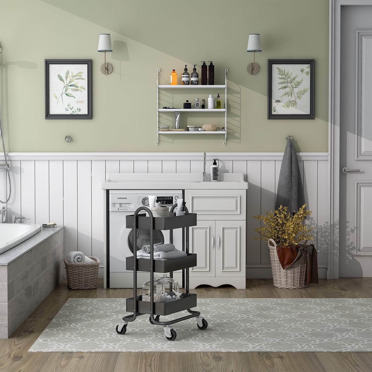 MIOCASA 3-Tier Metal Utility Rolling Cart, Heavy Duty Multifunction Cart with Lockable Casters, Easy to Assemble, Suitable for Office, Bathroom, Kitchen, Garden (Dark Gray) : Office Products