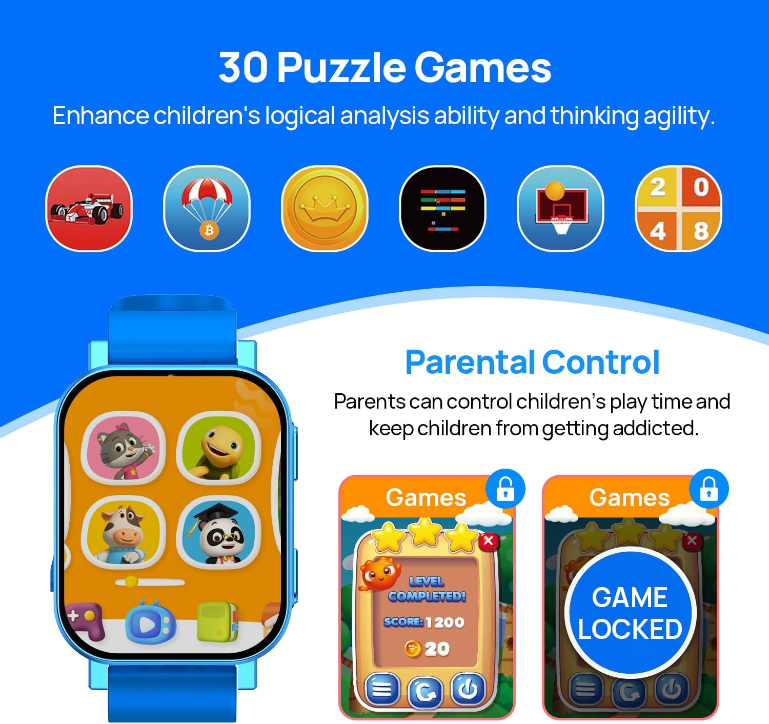 FREEBOT Kids Smart Watch Toy for Boys Girls 3-12 with 30 Learning Games, Camera, Video Recorder, Music Player, Pedometer, Alarm Clock - Birthday Gift Idea (Blue)
