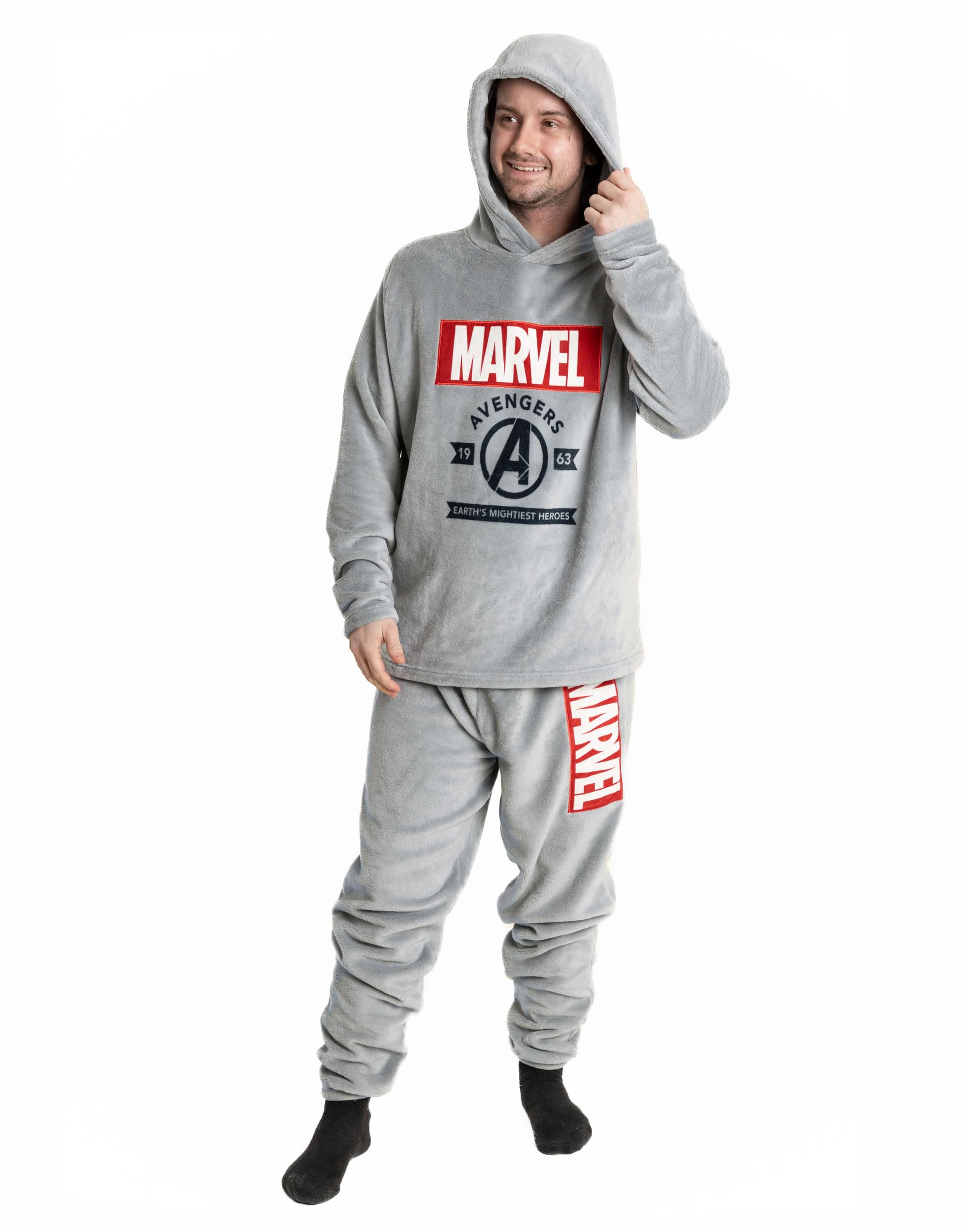 Marvel Avengers Men's Grey Long Sleeve Long Leg Pyjama Set | Cosy Fleece Sleepwear with Hood | Superhero Nightwear for Relaxing & Bedtime Merch - Small