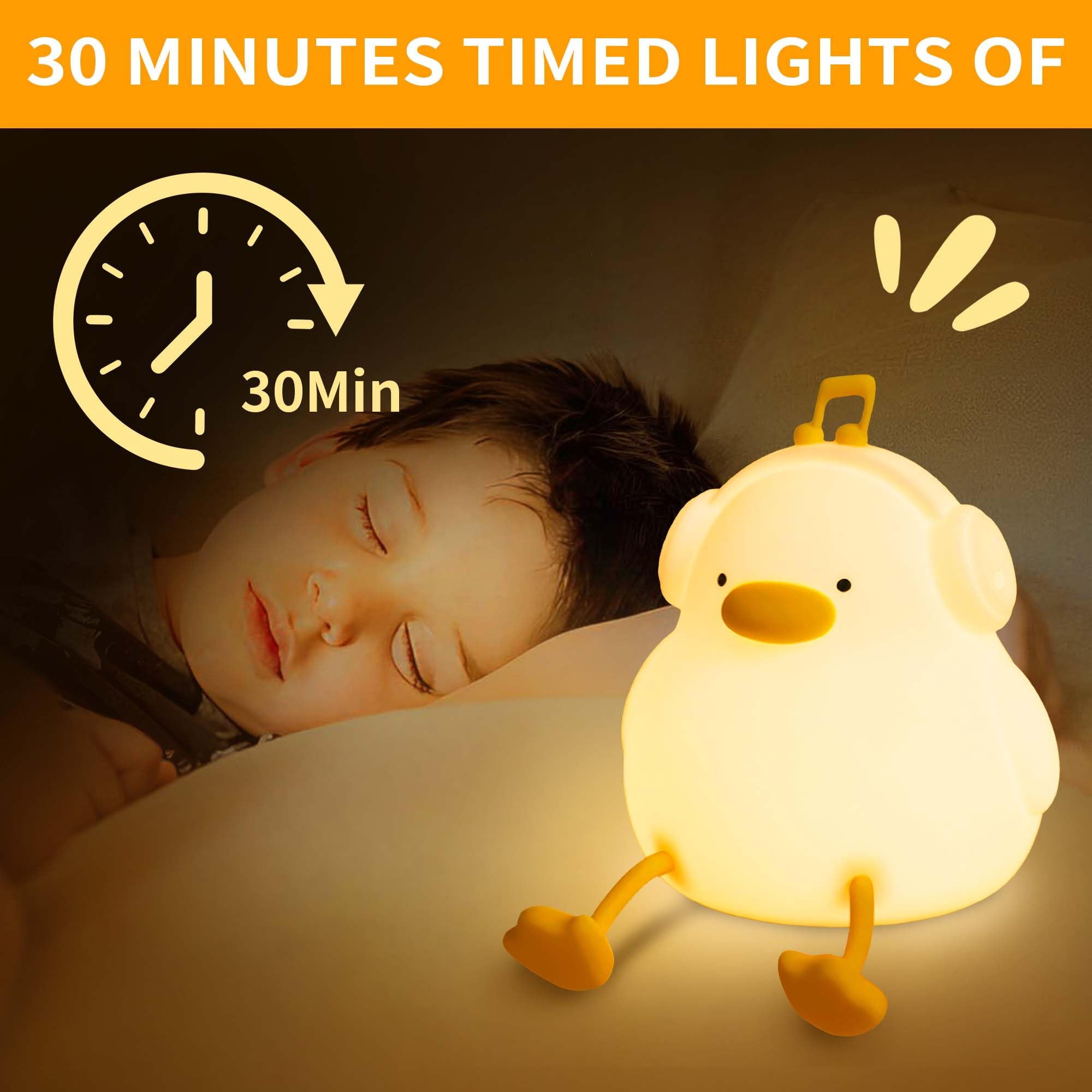 Luz nocturna de pato, luz nocturna de silicona blanda para guardería de bebé con temporizador de 30 minutos, bonita lámpara de cabecera recargable con control táctil para dormitorios de