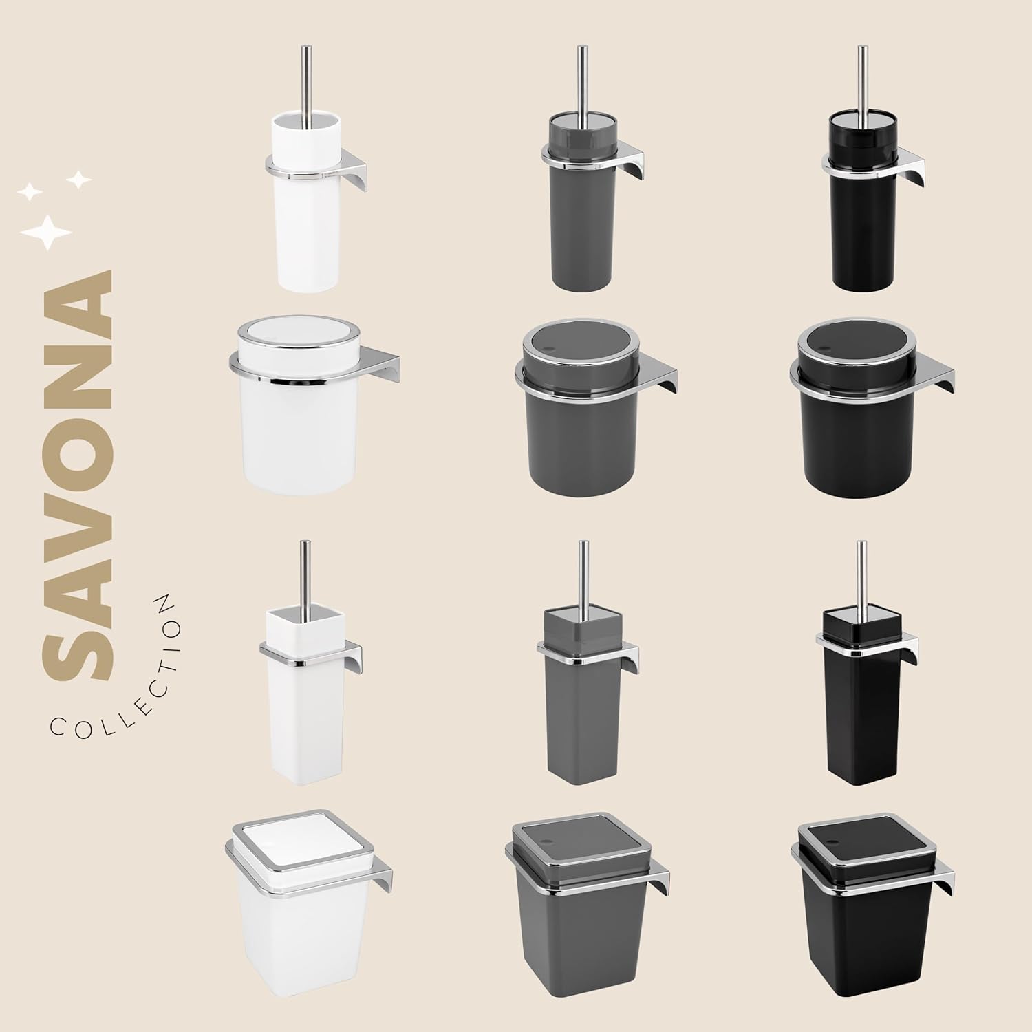 bremermann Savona 2-Piece Bathroom Set Cosmetic Bin 6 Litres and Toilet Brush Set with Wall Bracket Square (Plastic-gray)
