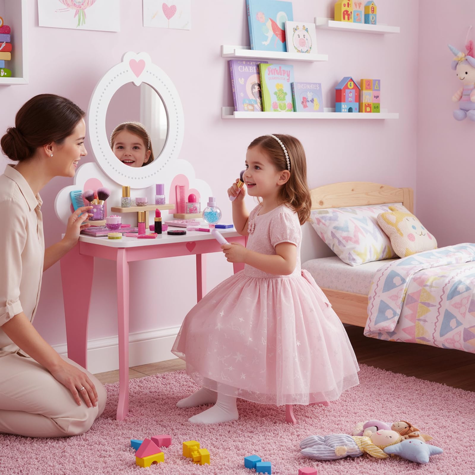 Clevich 2 en 1 Coiffeuse Enfant, Coiffeuse pour Fille avec Miroir et Tabouret Enfant, Bureau pour Enfants, Table de Maquillage pour Enfants 3 à 8 Ans (Rose)