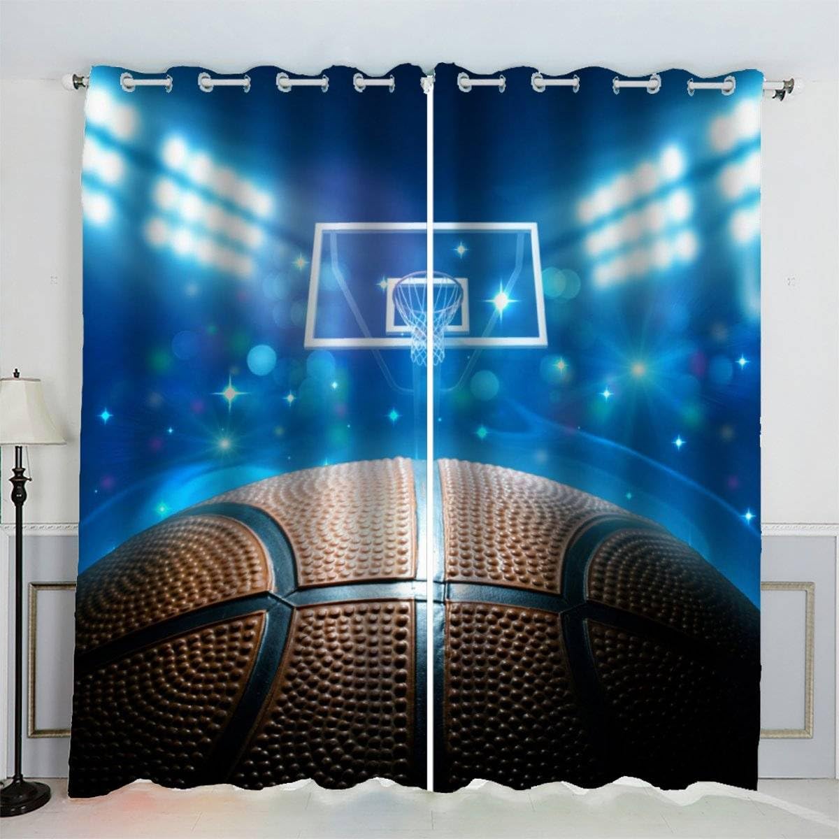 AKATIE Basketball Curtains Basketball Court 3D Pattern Eyelet Thermal Insulated Room Darkening Blackout Window Drapes for Bedroom Living Room Home Decoration (W234xL137cm)