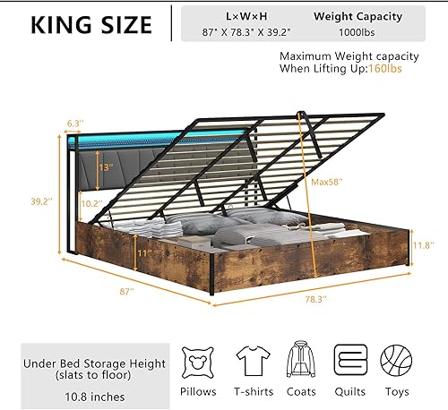 Miniatura 30 de Base de cama de almacenamiento elevable de tamaño matrimonial con luces LED, cabecera tapizada de lino con estación de carga, marco de cama de