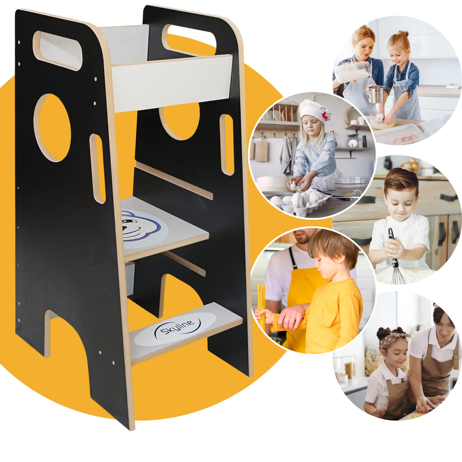 Skyline Torre di Apprendimento Libreria Montessoriana per Bambini Scaletta Pieghevole Tavolino Sedia Torretta Pieghevoli Scrivania Sgabello Tavolo Kitchen Helper Learning Tower nero/bianco con orso