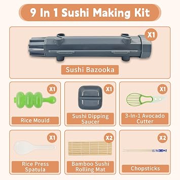 Sushi Making Kit 9 Pcs, Beginner Sushi Set DIY Sushi Kit, Sushi Maker Includes Onigiri Mould Sushi Bazooka(Grey, Sushi Plate for Dipping Saucer, Sushi Set for Home Kitchens