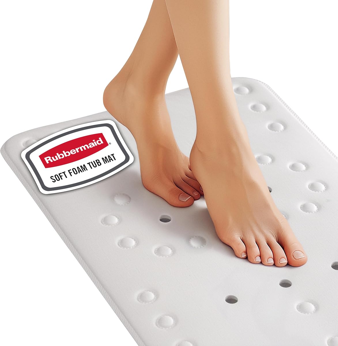 Rubbermaid Alfombrilla de espuma suave para bañera, alfombrilla de baño antideslizante con orificios de drenaje rápido, alfombrilla de ducha sin BPA de 35,88 x 17 pulgadas para interior de bañera o ducha, color blanco