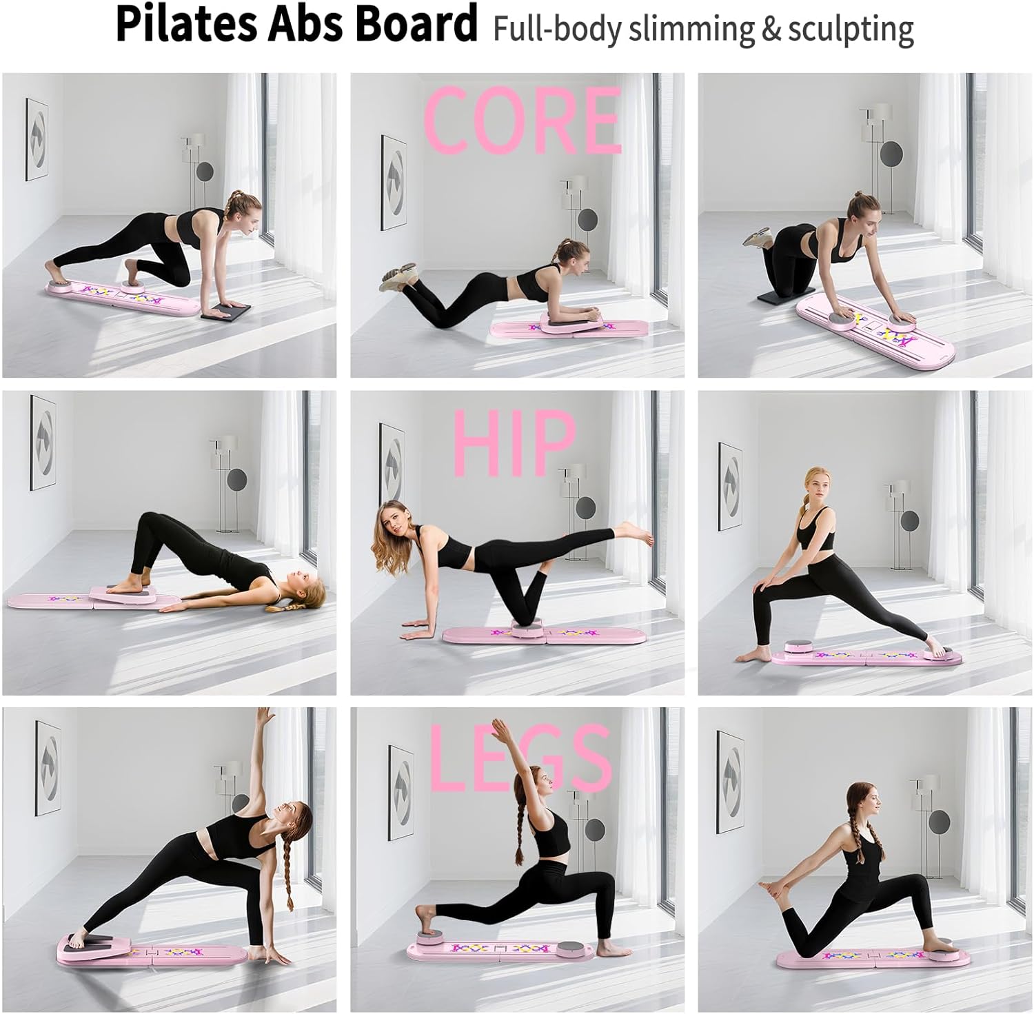 pilates board, foldable pilates reformer set for home workout with timer, 6-in-1 multifunctional portable reformer pilates machine at home pilates equipment for fitness, exercise, abs, core training pink