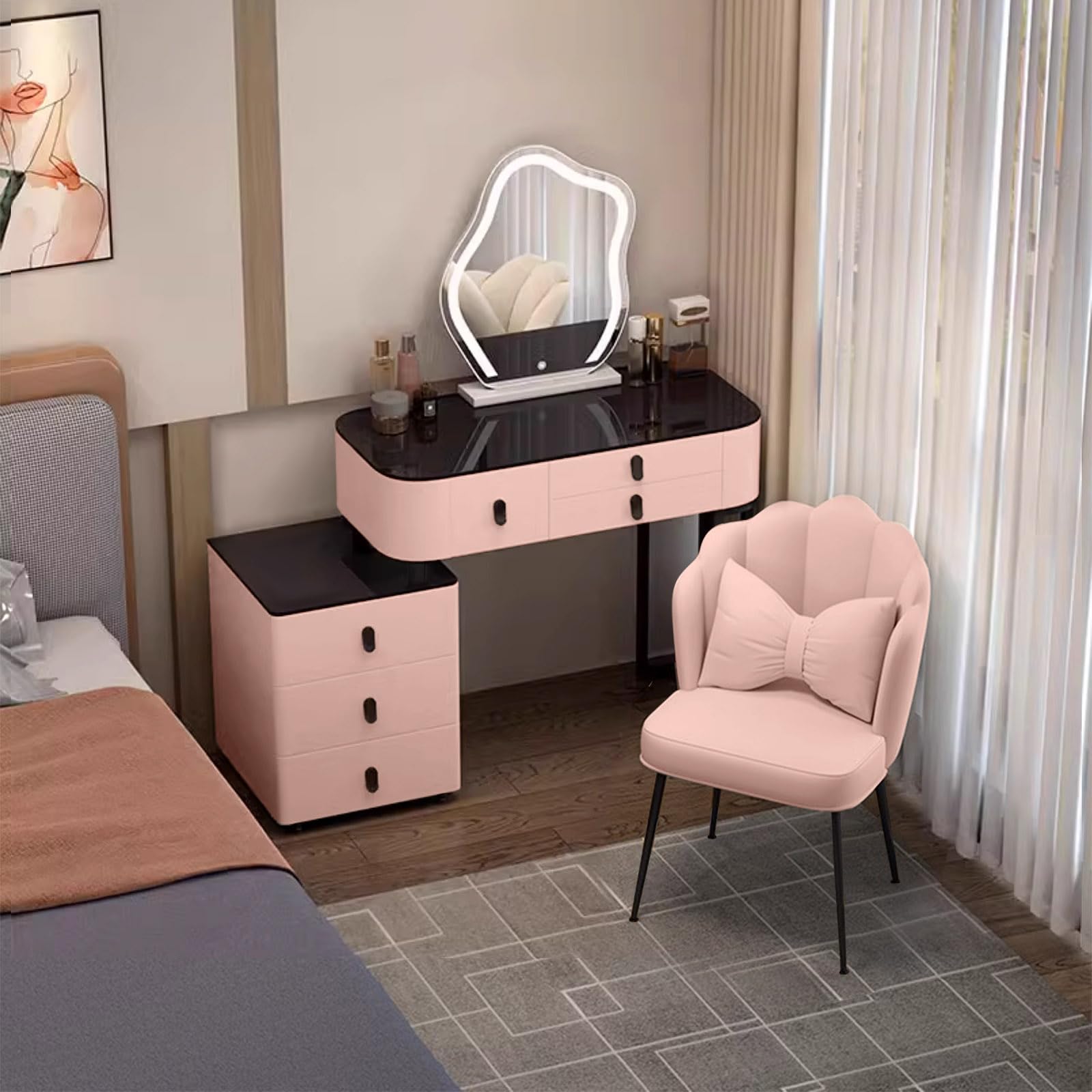 asdchZen Modern Dressing Table Set With Led Mirror 6 Drawer Makeup Vanity Tempered Glass Top Solid Wood Furniture For Bedroom Stylish & Functional Makeup Station