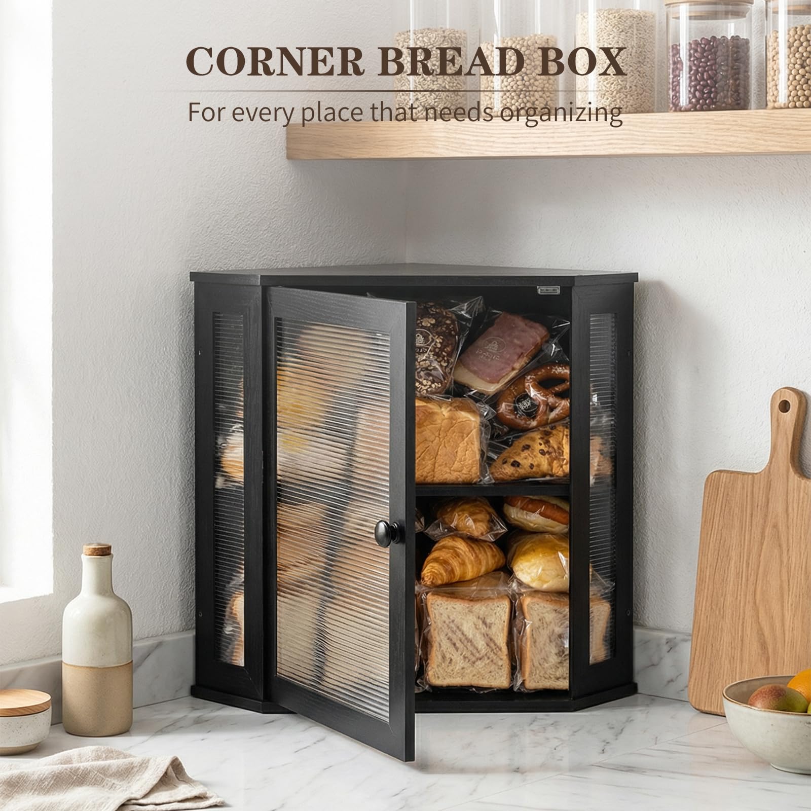 Panera esquinera extra grande – Panera de bambú para encimeras de cocina, almacenamiento y organizador de pan de cocina de gran capacidad con ventana ondulada acrílica corrugada (negro)