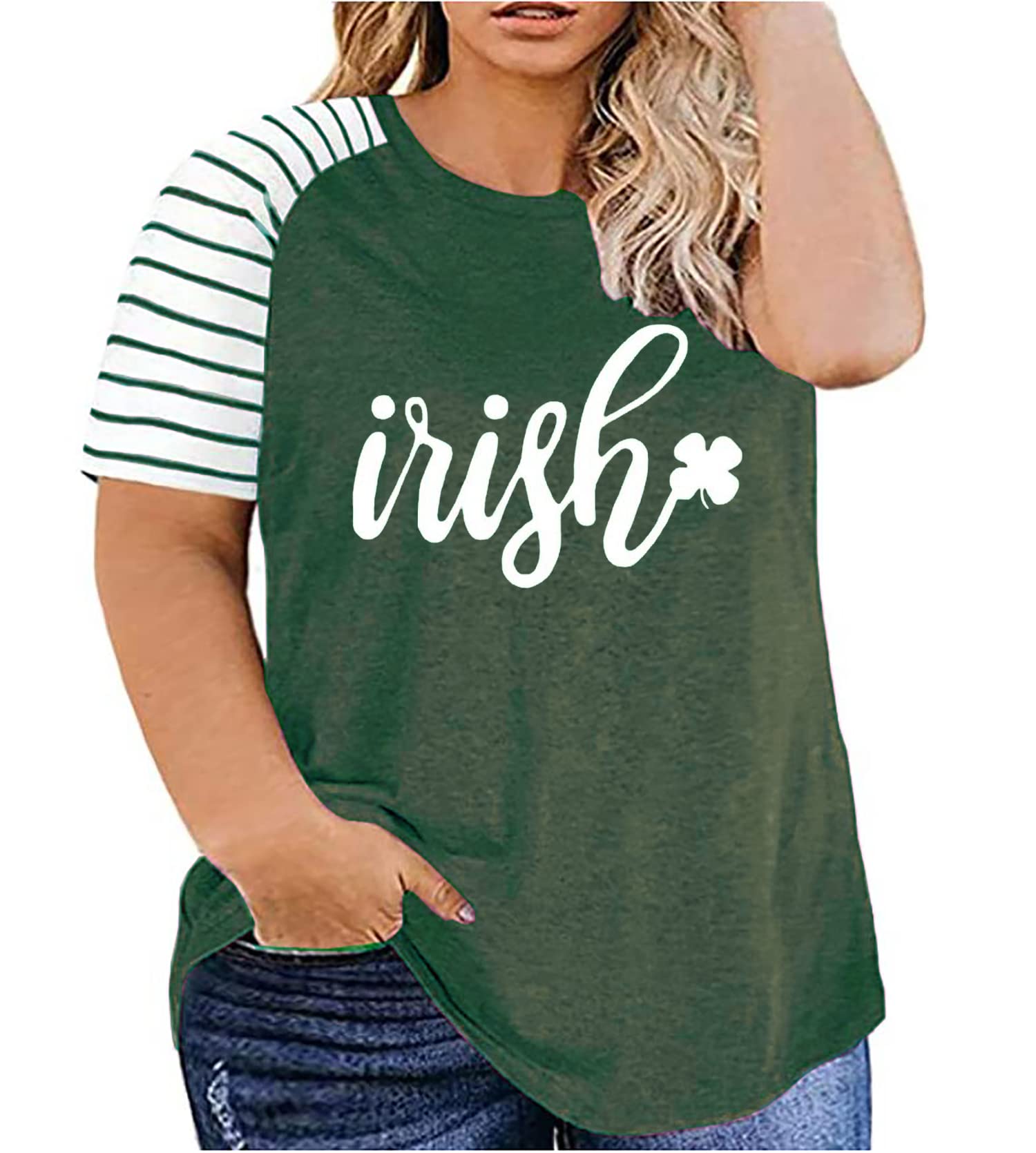 BOMYTAOPlus Size St Patricks Day Lucky T-Shirt for Women Funny Day Drinkin' Shirt Leopard Shamrock Graphic Tees Irish Shirt Top