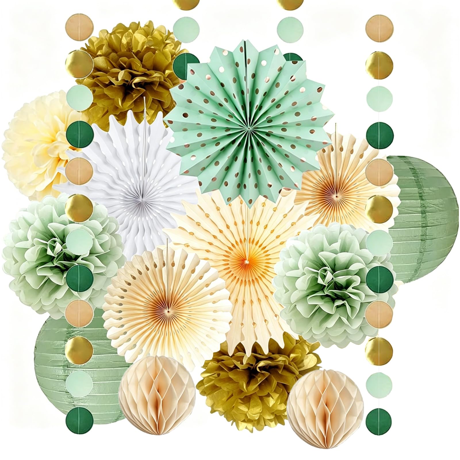 XoeLLe 15Pcs Green Birthday Decorations Party Decorations Include Gold Banner Garland Honeycomb Balls Retro Paper Pom Paper Flower Balls Fans Lanterns Cream Sage Green for Boho Baby Shower Safari Part