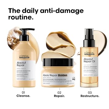 L'Oreal Professionnel Paris Absolut Repair Shampoo & Golden Mask Set - Protein Treatment For Dry & Damaged Hair, Repairs Damage & Provides Shine, 16.9 Fl Oz