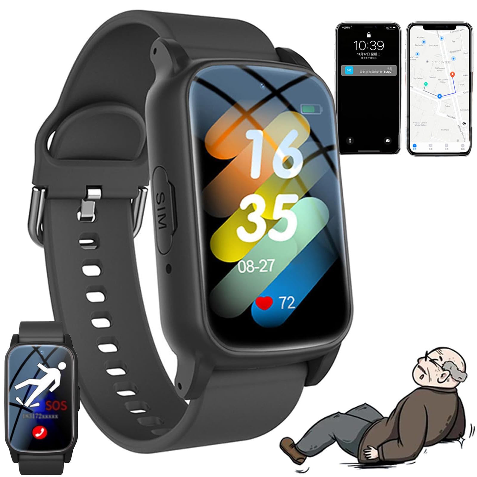 Reloj Inteligente para Personas Mayores: GPS Preciso, Detección De Caídas Y Botón De Emergencia SOS, Recordatorio De Medicamentos, Videollamadas HD, Batería De Larga Duración Black