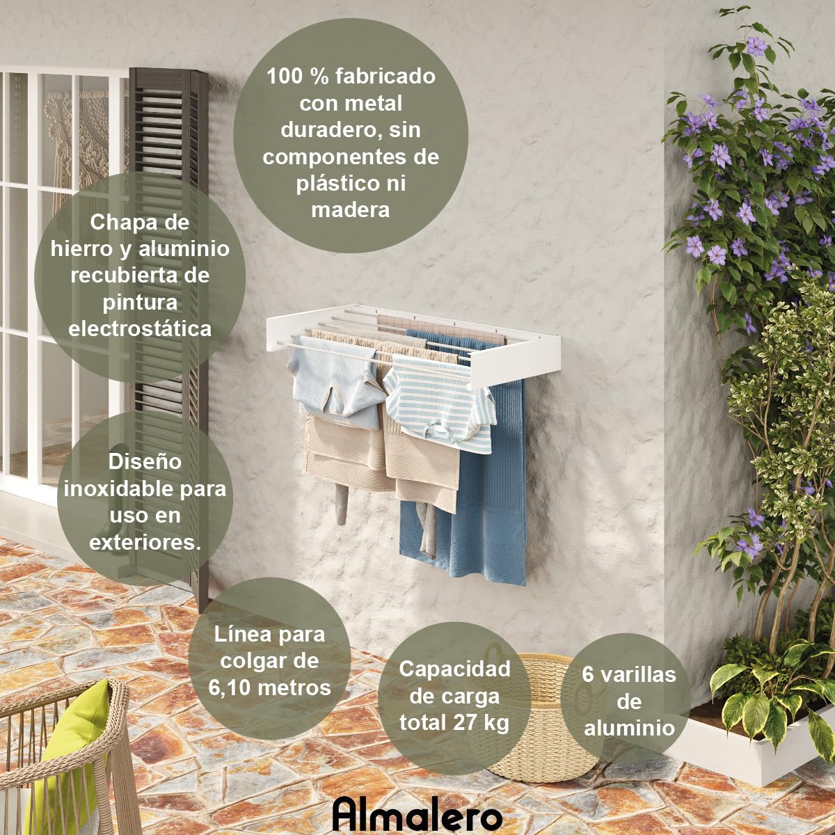 Tendedero Plegable de Pared - ANTIOXIDANTES- Tendedero - Tentedero Pared - Exterior e Interior - Tendederos Plegables - Calidad - 6 Barras - Carga Total 27 Kg - Blanco 100 Cm