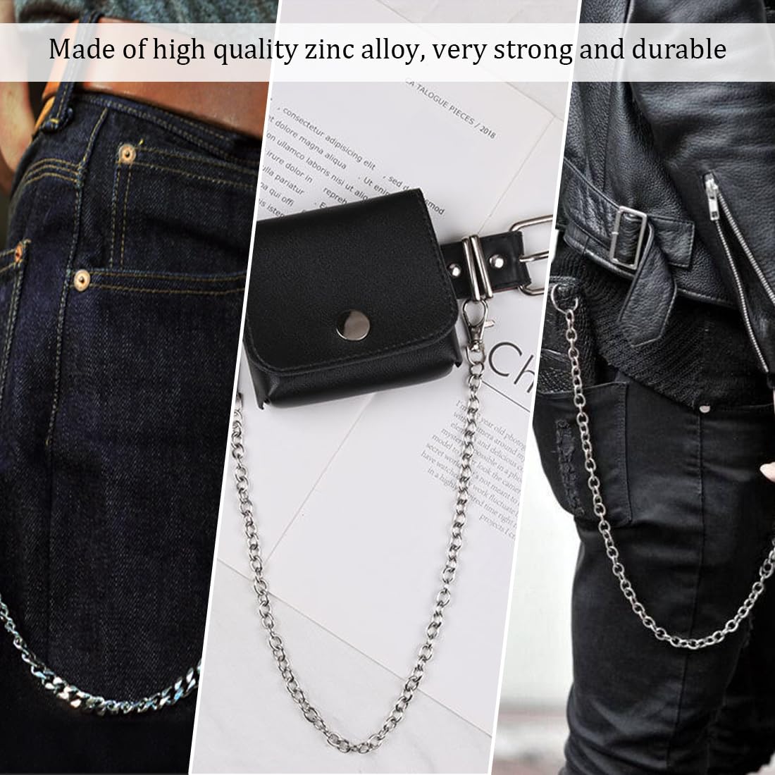 Catena Portachiavi Uomo In Acciaio Inox 2 Pezzi - 50 Cm Con Moschettone, Stile Punk Rock Per Pantaloni, Moto, Streetwear - 3