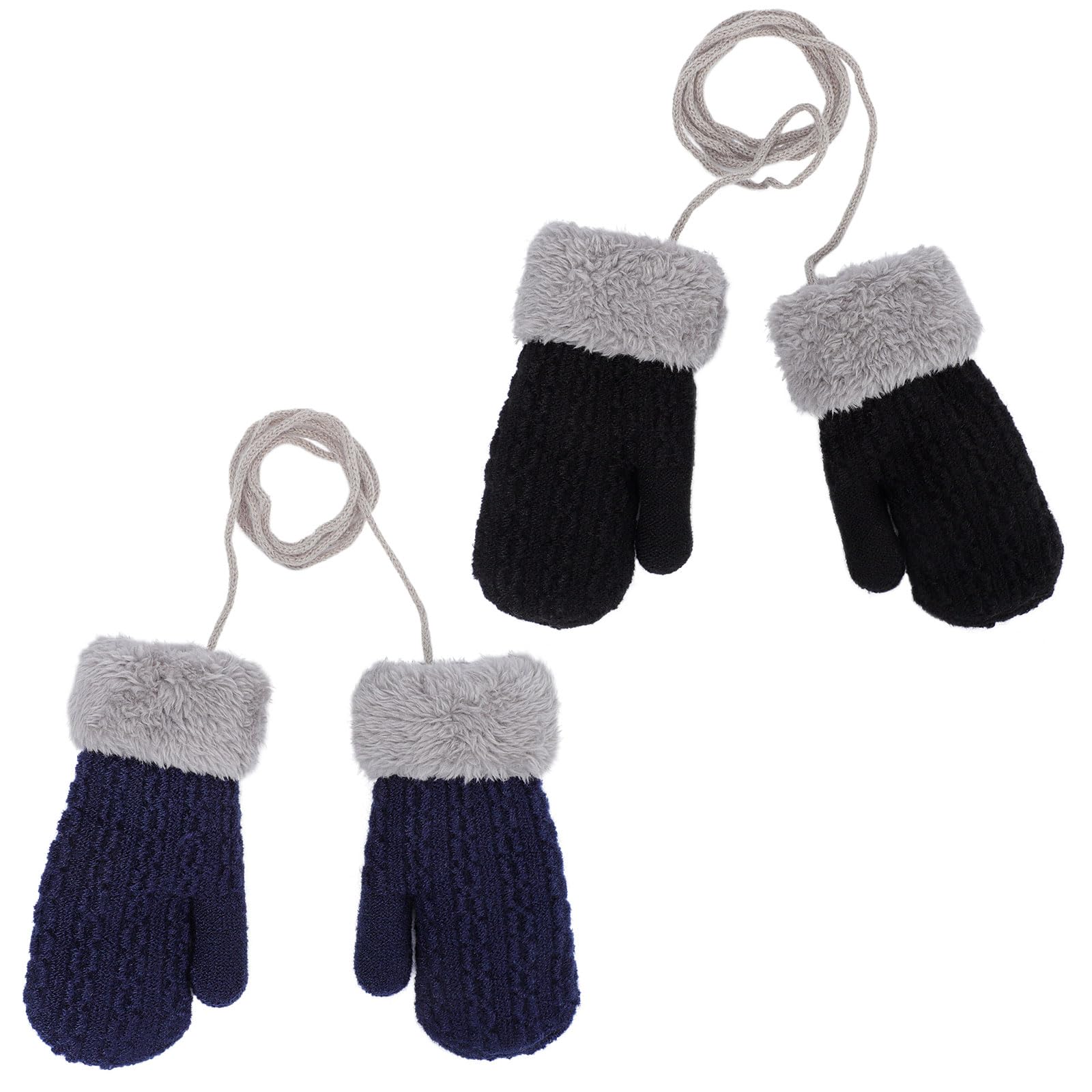 Fjquamitix Women's Black+Navy 2 Pairs Baby Winter Knitted Mittens With String Cute Warm Fleece Lined Gloves Fluffy Mittens For Cold Weather Toddler Girls Boys Age 1-3 Years (Black+Navy)